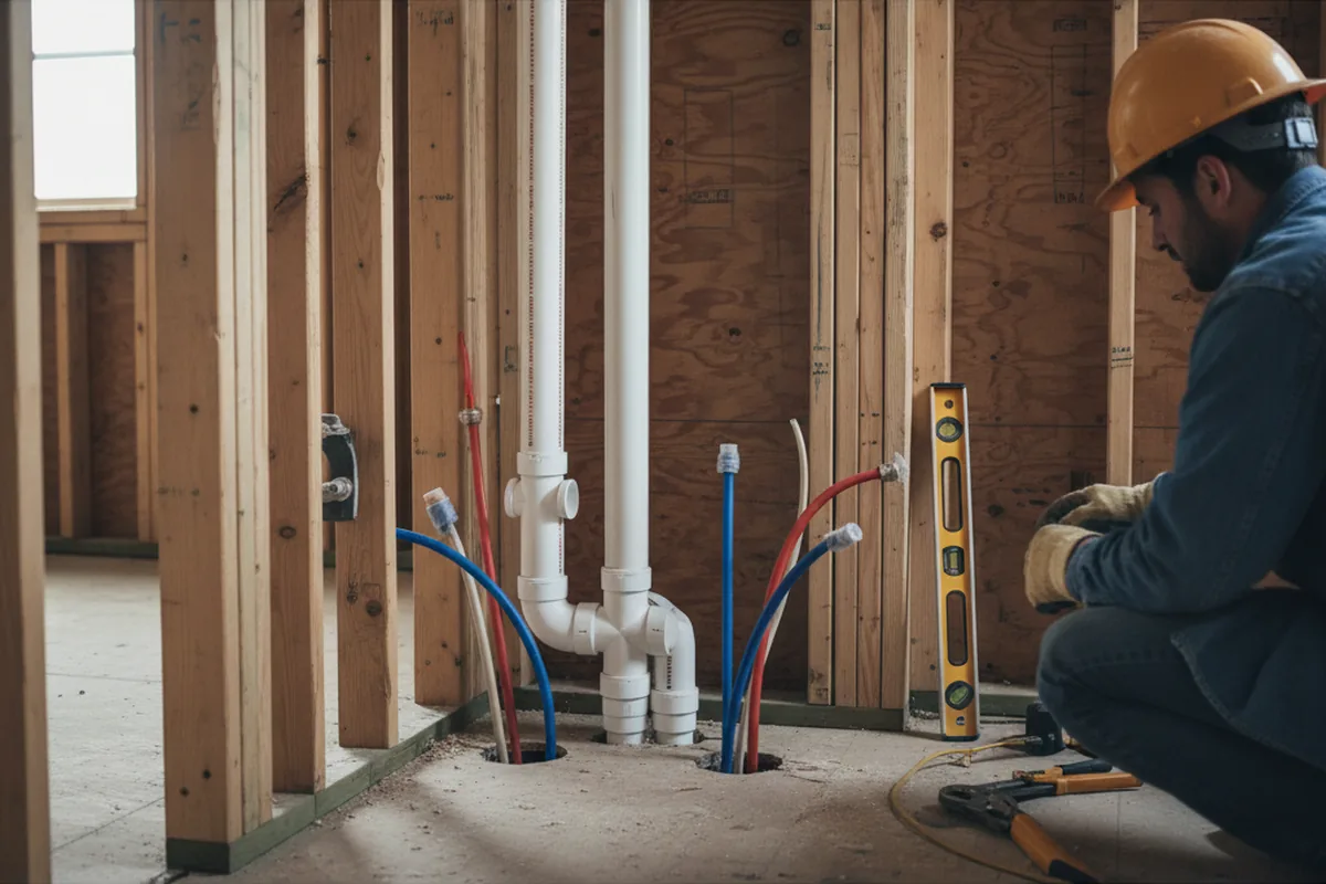 Drain and supply rough-in during Sump Pump Repair in Banks