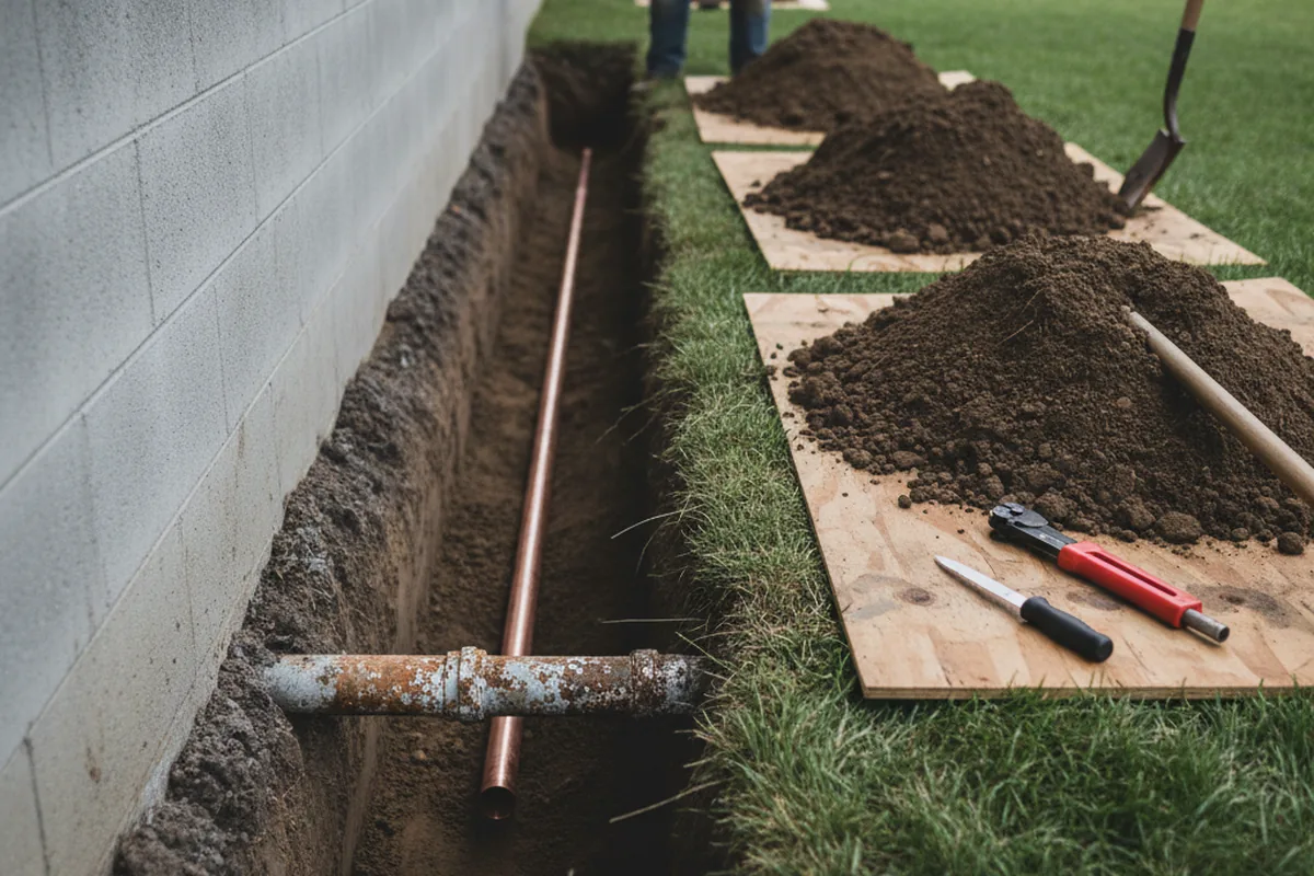 Excavated water line trench during Sewer Line Repair in Banks